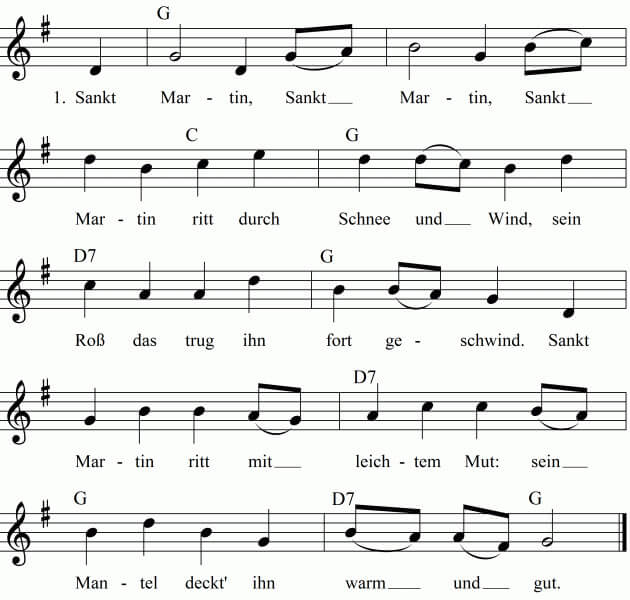 Musiknoten zum Lied Sankt Martin ritt durch Schnee und Wind